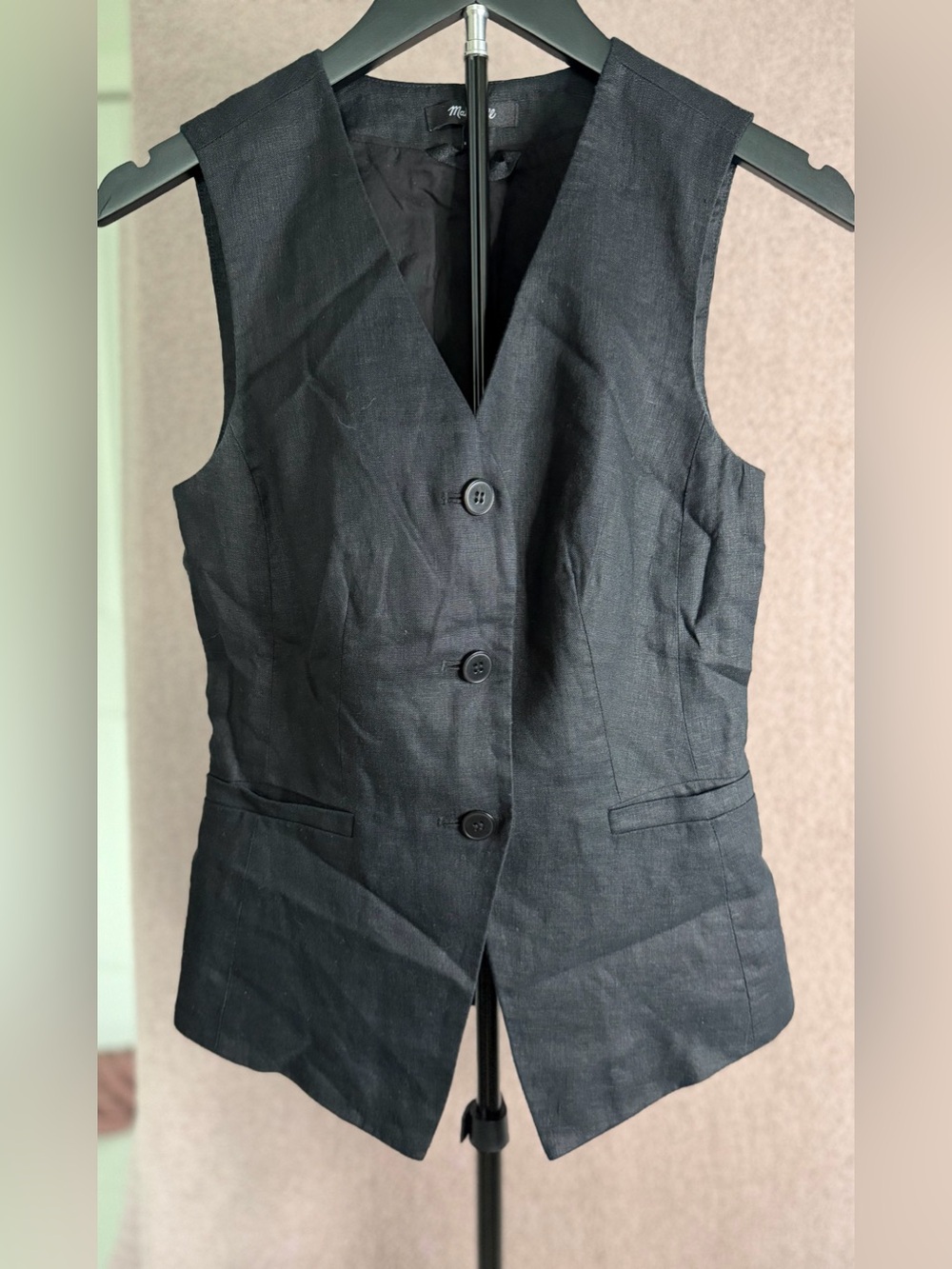 Madewell Black Linen Blend Tailored Button Front Vest Size 00